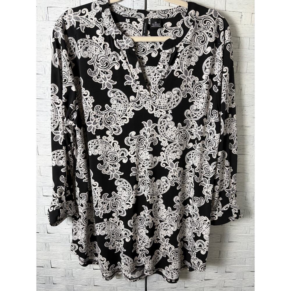 New Direction Women's Blouse Split Neck Roll Type Sleeve Loose Print Bohemian